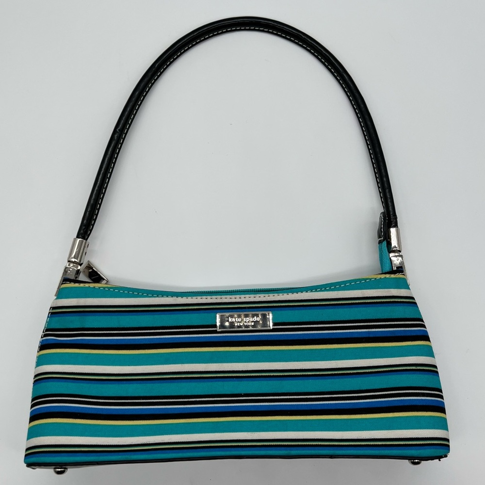 Kate Spade Striped Hand Bag Purse Black Leather